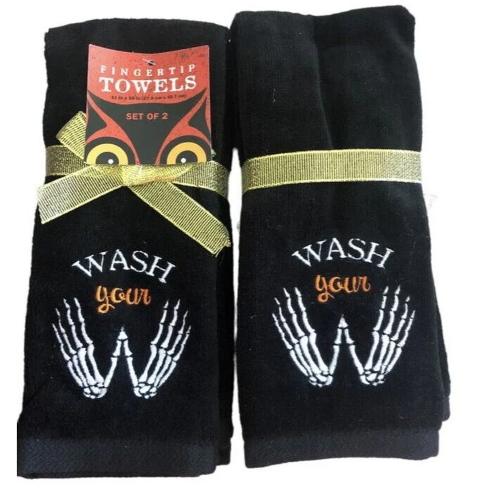 Halloween Fingertip Towels Embroidered Black Wash Your Skeleton Hands Set of 2